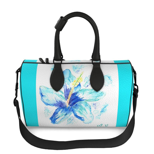 Hibiscus in Blue - Large Leather Duffle Bag