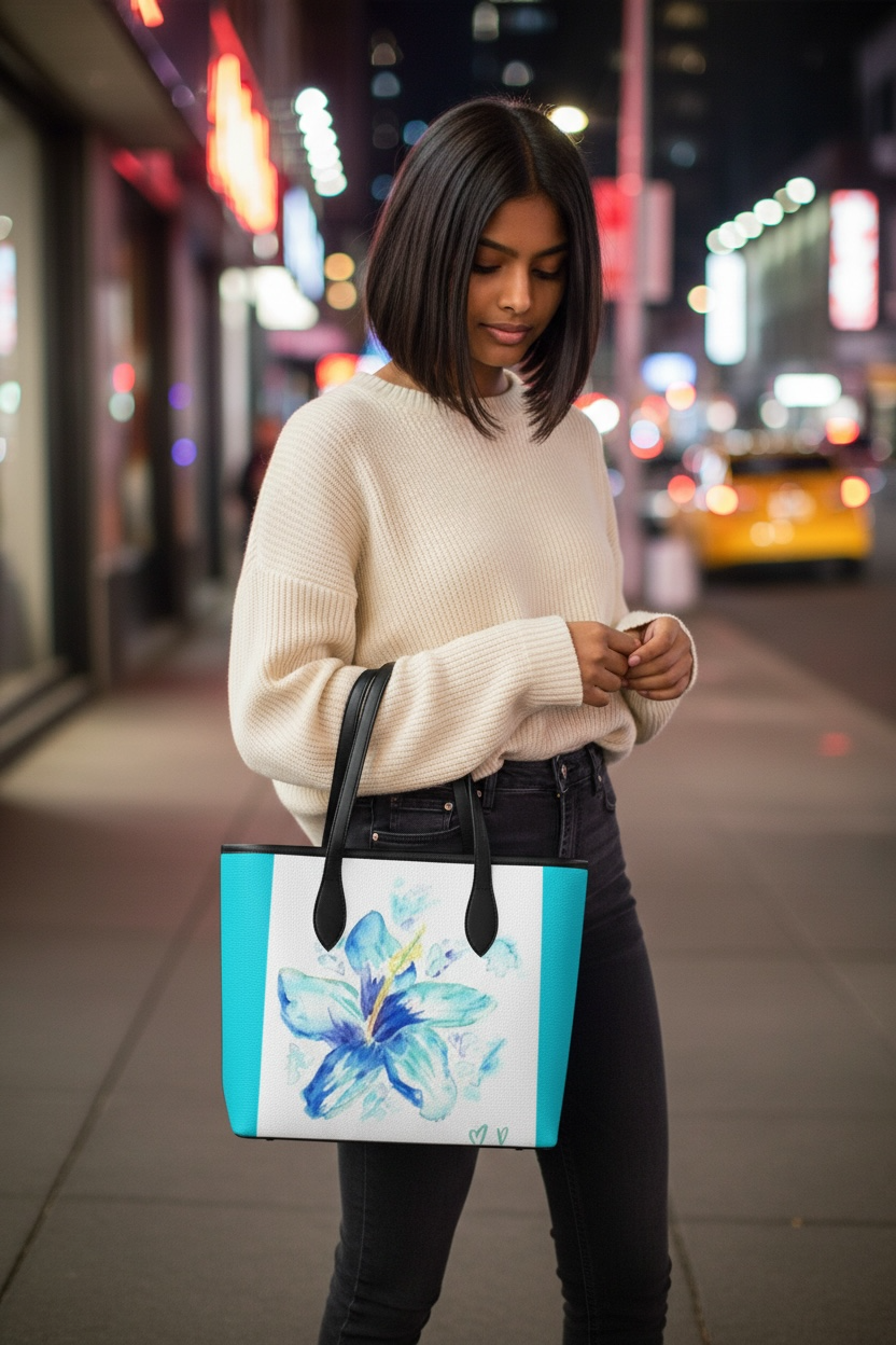 Hibiscus in Blue - Leather Tote