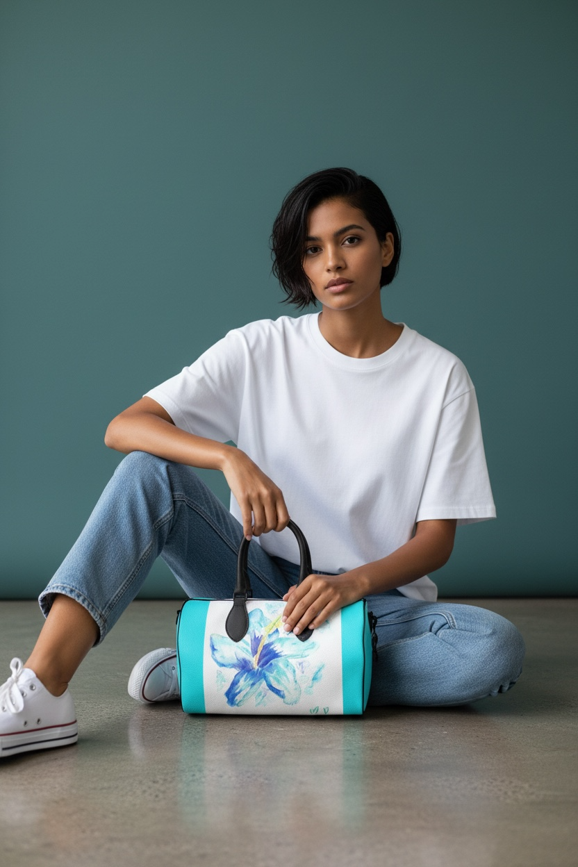 Hibiscus in Blue - Large Leather Duffle Bag