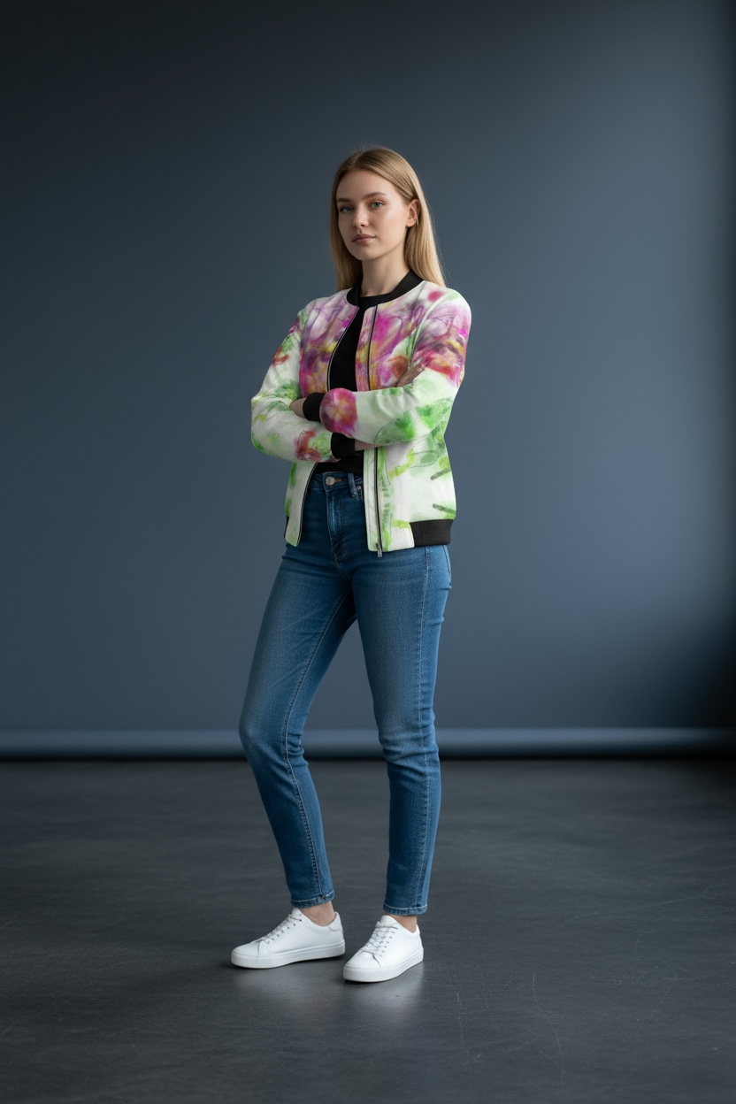 Blue Hibiscus/Pop of Pink Women's Reversible Silk Bomber Jacket