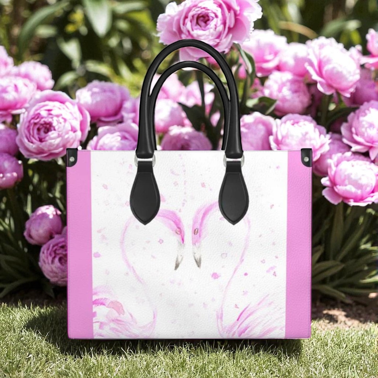 Flamingos in Love Leather Tote