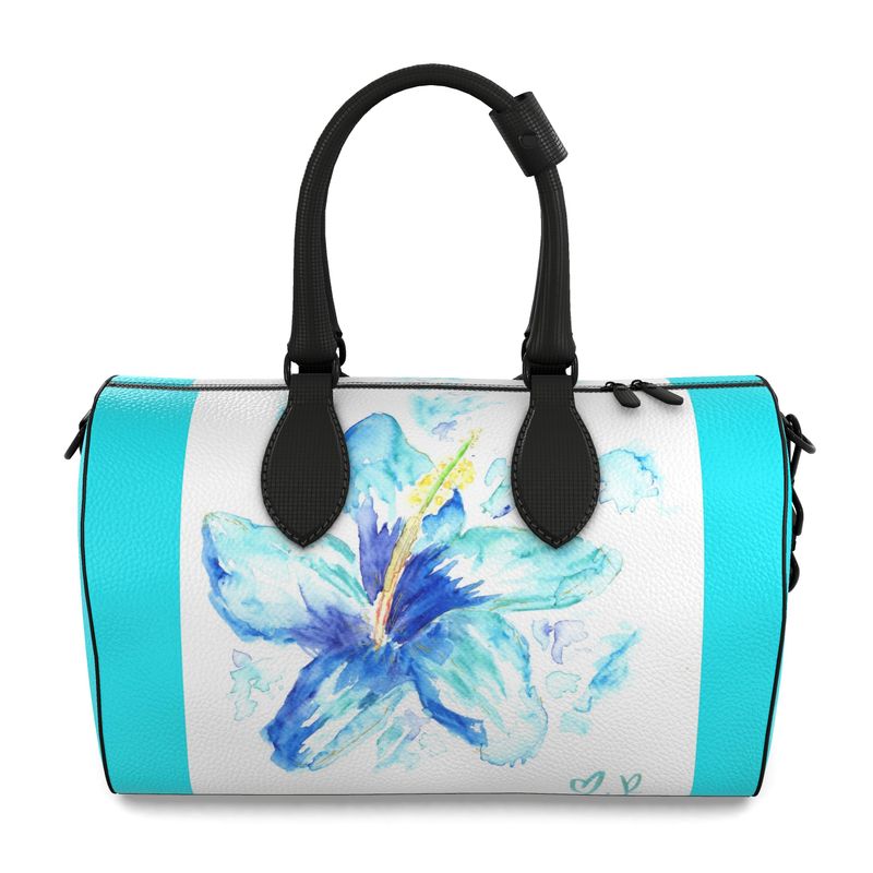 Blue Hibiscus Leather Duffle