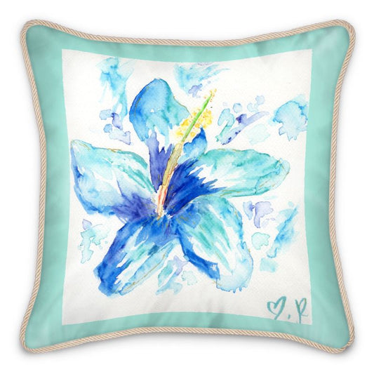 Blue Hibiscus Silk Throw Pillow