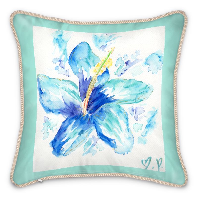 Blue Hibiscus Silk Throw Pillow