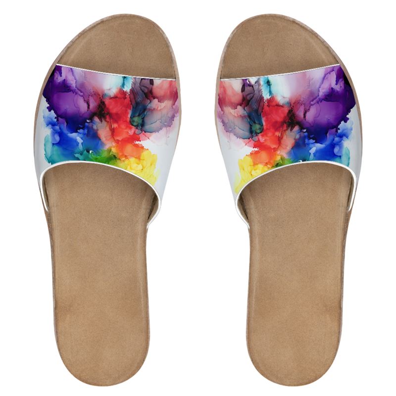 Rainbow Butterfly Leather Slides