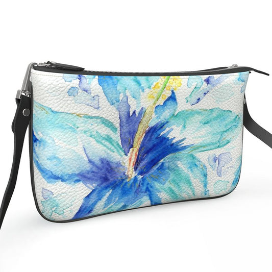 Hibiscus in Blue - Leather Pochette Crossbody Bag