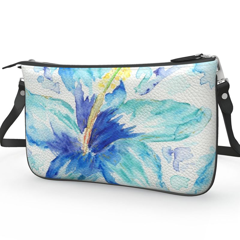Blue Hibiscus Leather Double Zip Crossbody