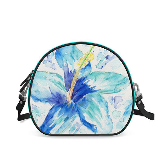 Blue Hibiscus Round Crossbody Leather Purse