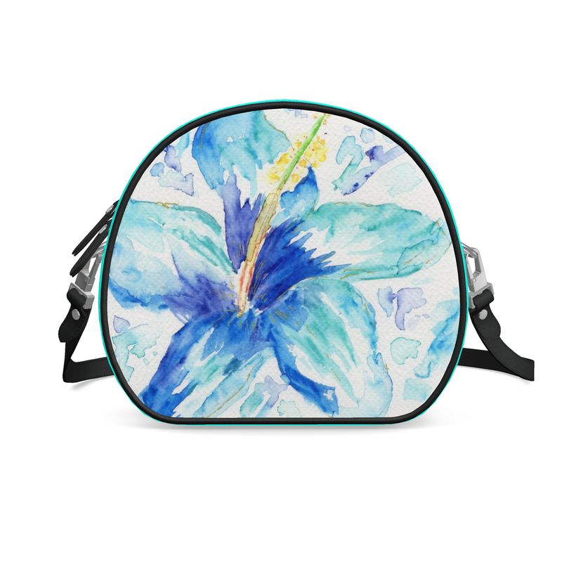 Blue Hibiscus Round Crossbody Leather Purse