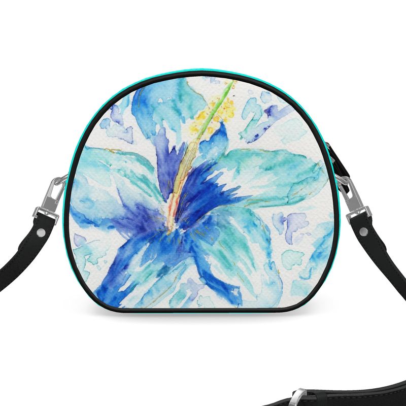 Blue Hibiscus Round Crossbody Leather Purse