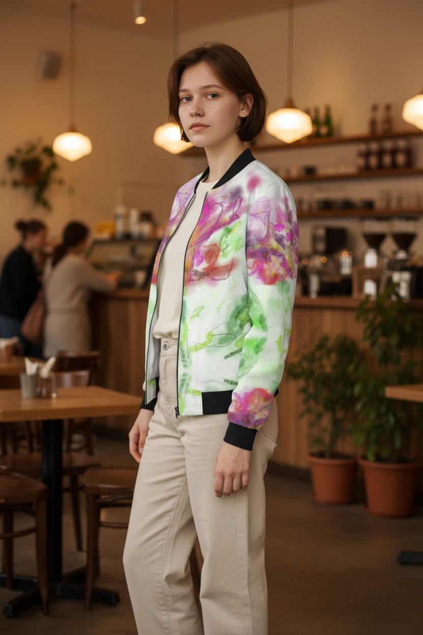 Blue Hibiscus/Pop of Pink Women's Reversible Silk Bomber Jacket