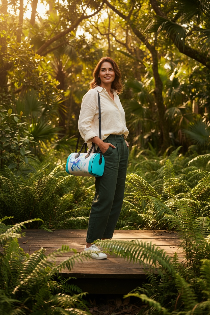 Blue Hibiscus Leather Duffle