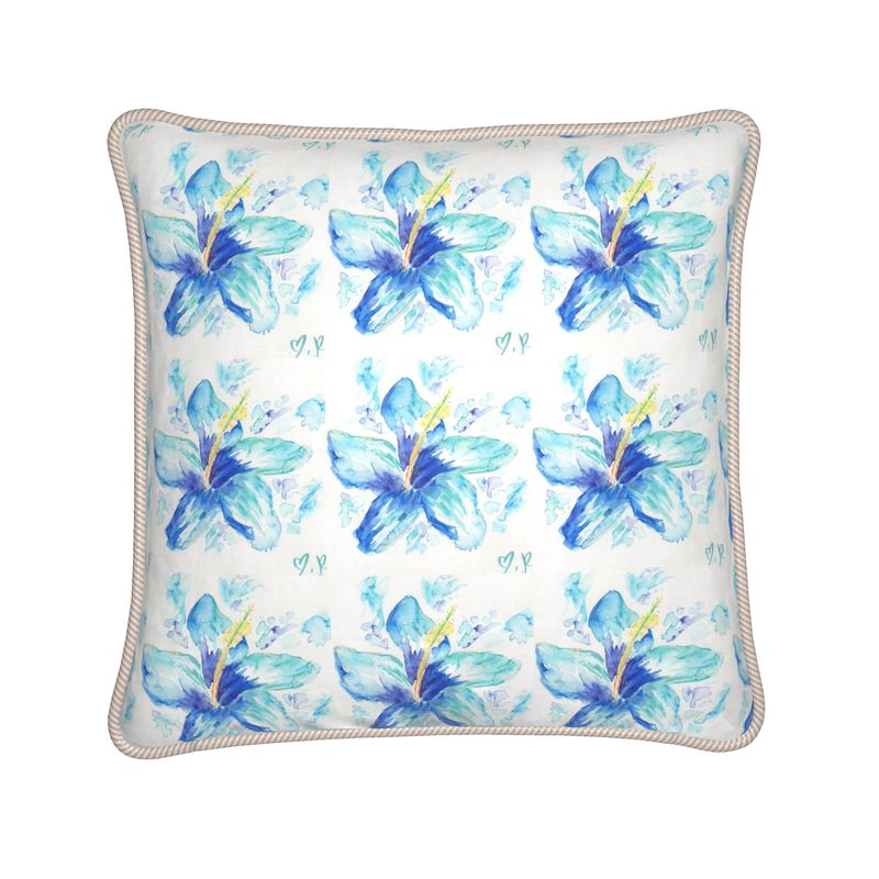 Hibiscus in Blue - Patterned Silk Throw Pillow