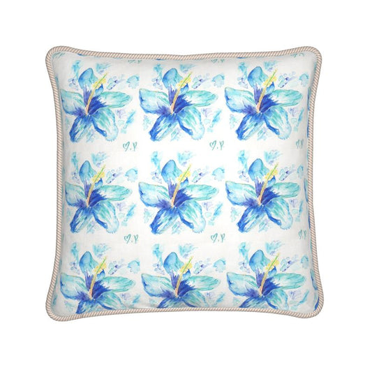 Hibiscus in Blue - Patterned Silk Throw Pillow