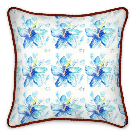Blue Hibiscus Patterned Silk Throw Pillow