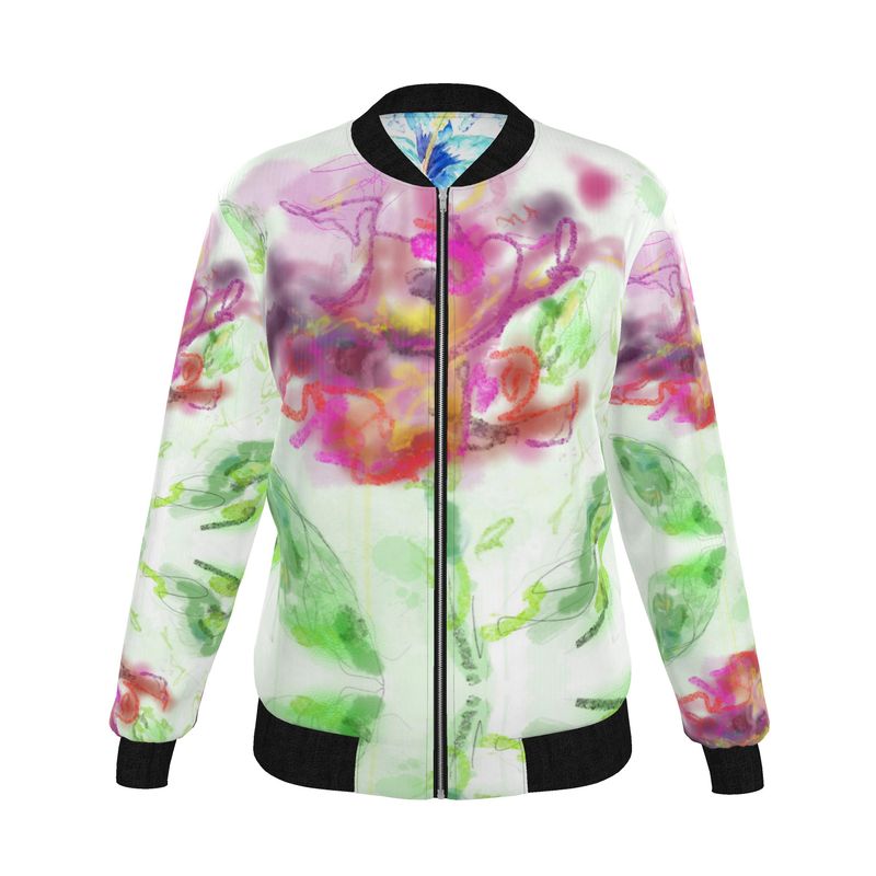 Blue Hibiscus/Pop of Pink Women's Reversible Silk Bomber Jacket