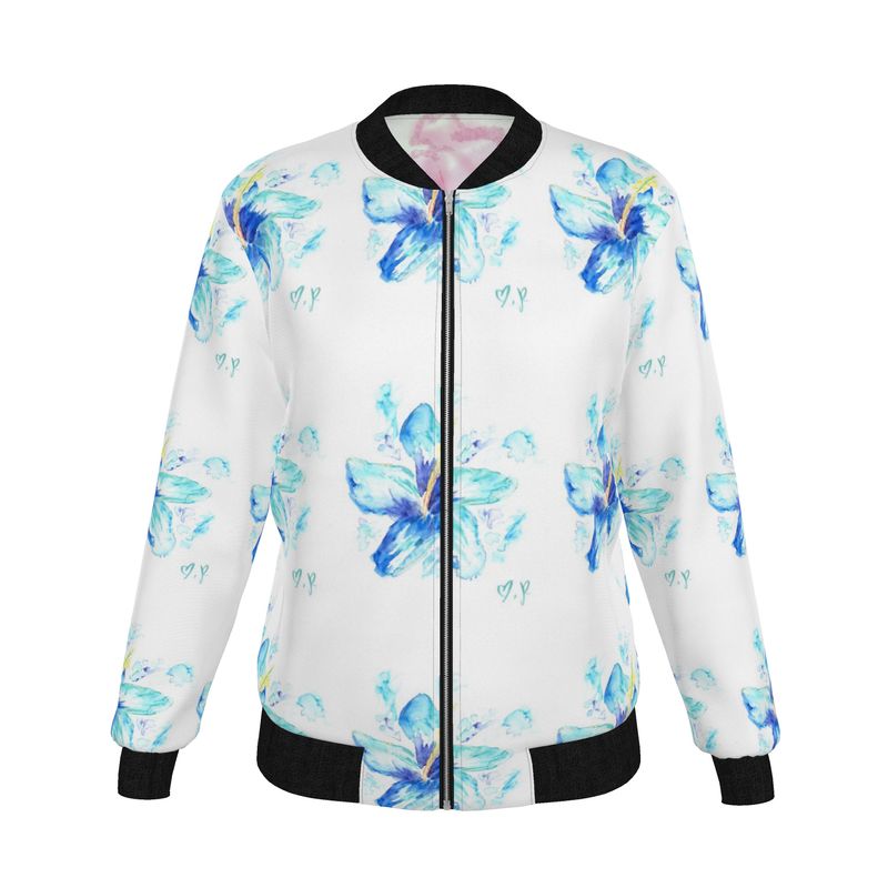 Blue Hibiscus/Pop of Pink Women's Reversible Silk Bomber Jacket