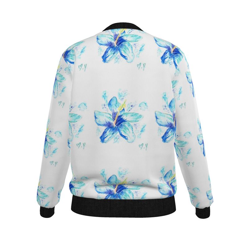 Blue Hibiscus/Pop of Pink Women's Reversible Silk Bomber Jacket