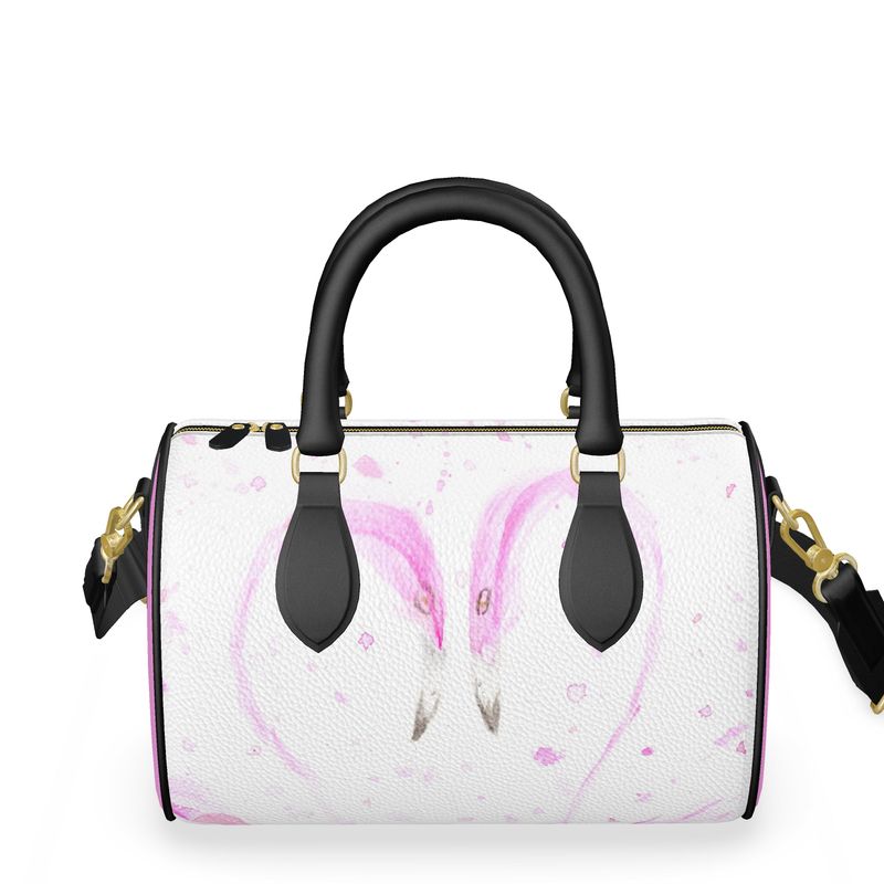 Flamingos in Love - Leather Mini Barrel Bag