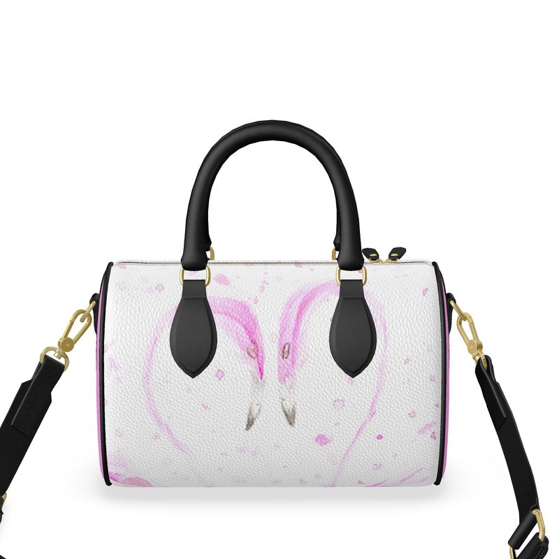Flamingos in Love - Leather Mini Barrel Bag
