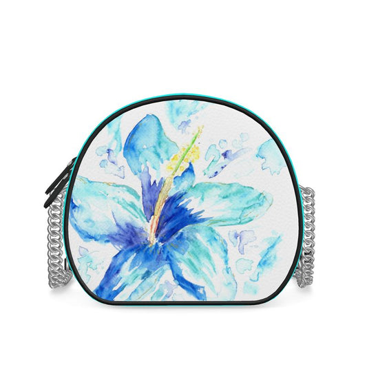 Hibiscus in Blue - Round Leather Crossbody Bag