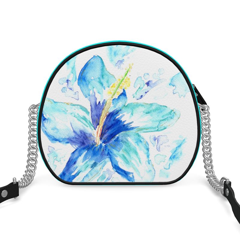Hibiscus in Blue - Round Leather Crossbody Bag