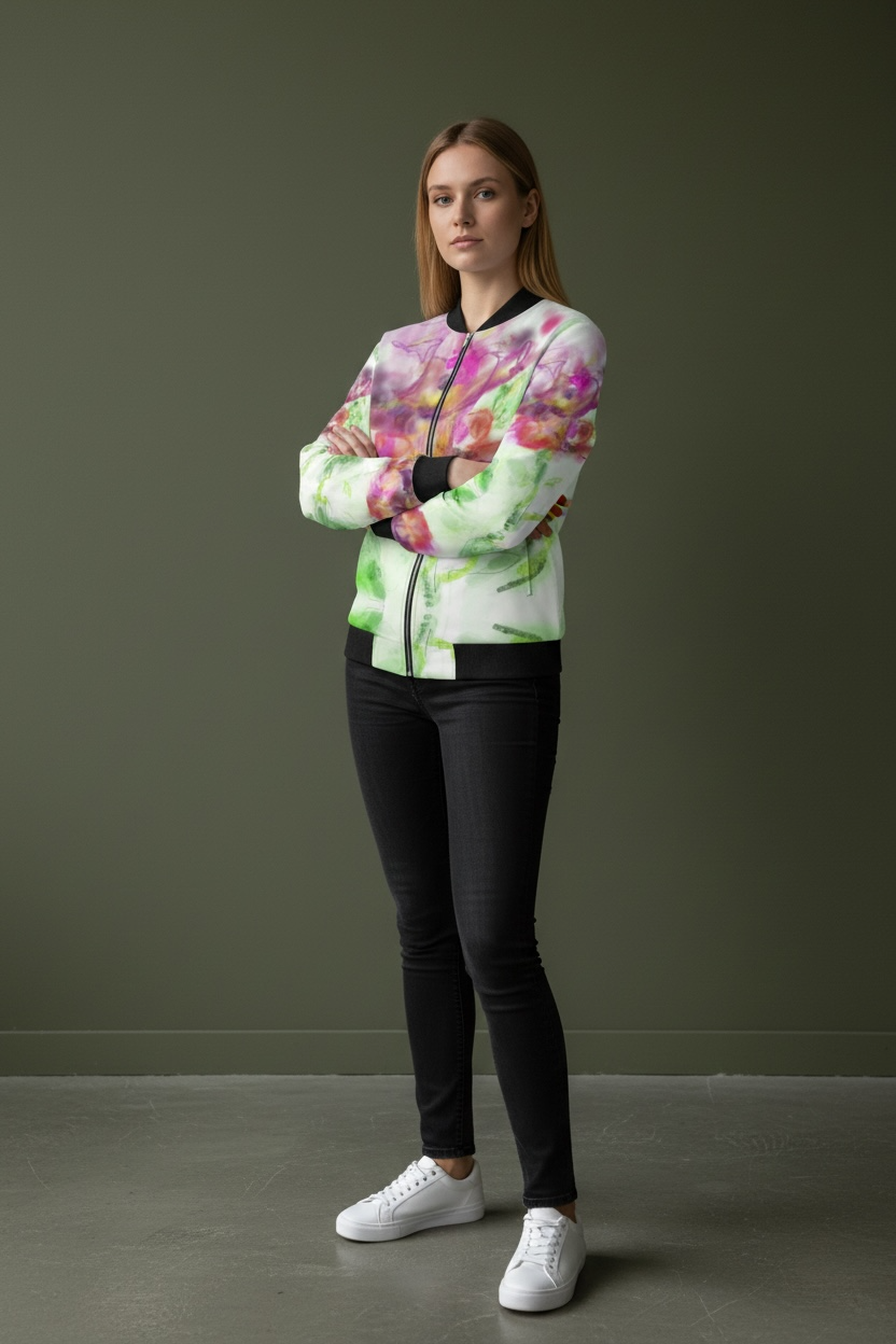 Blue Hibiscus/Pop of Pink Women's Reversible Silk Bomber Jacket