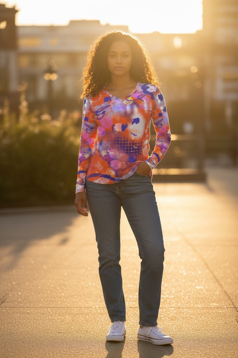 Orange and Blue Long Sleeved Ladies Tee