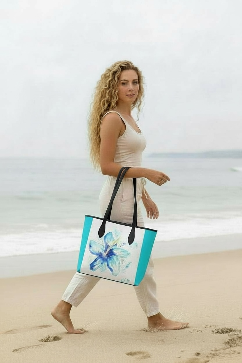 Hibiscus in Blue - Leather Tote