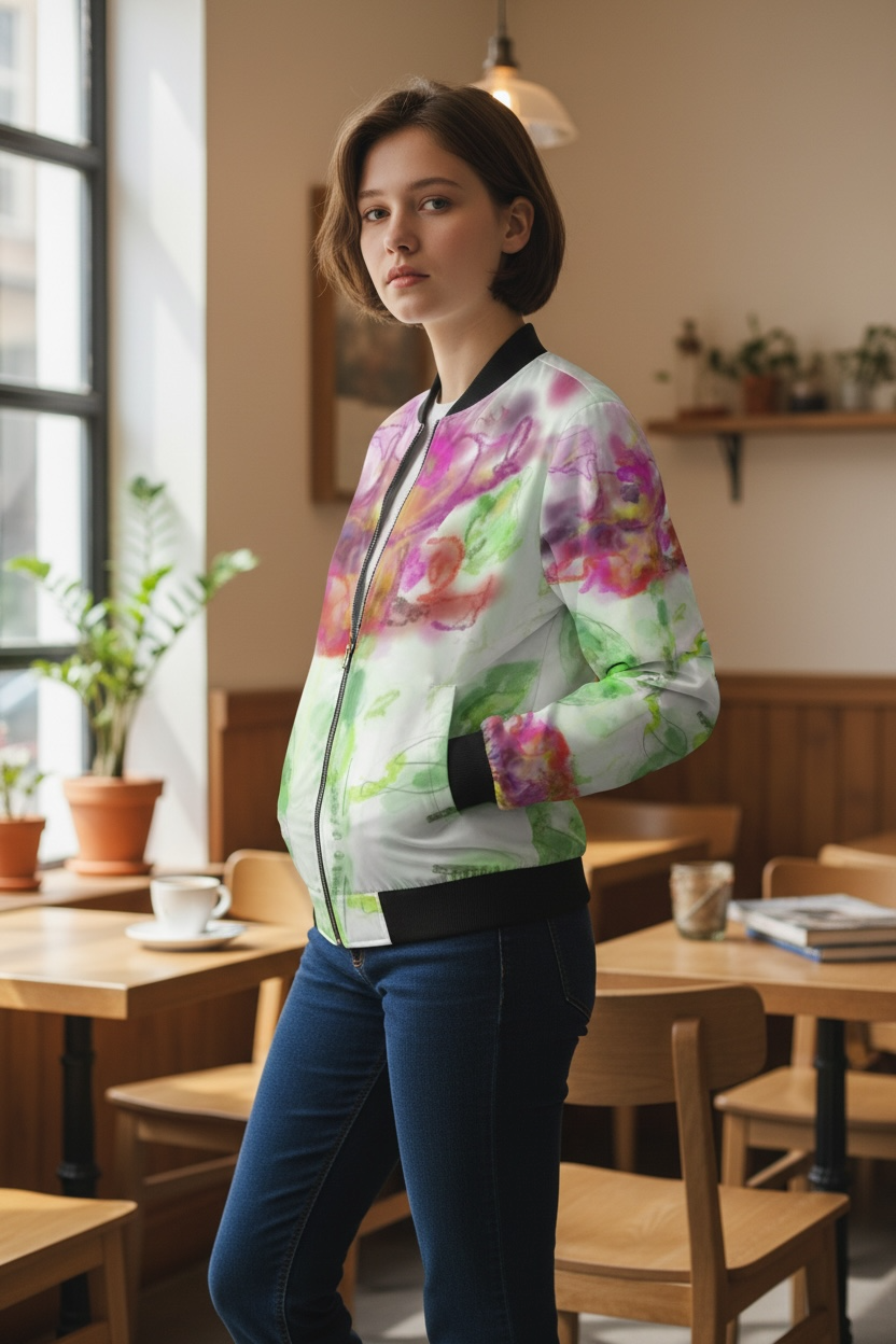 Blue Hibiscus/Pop of Pink Women's Reversible Silk Bomber Jacket