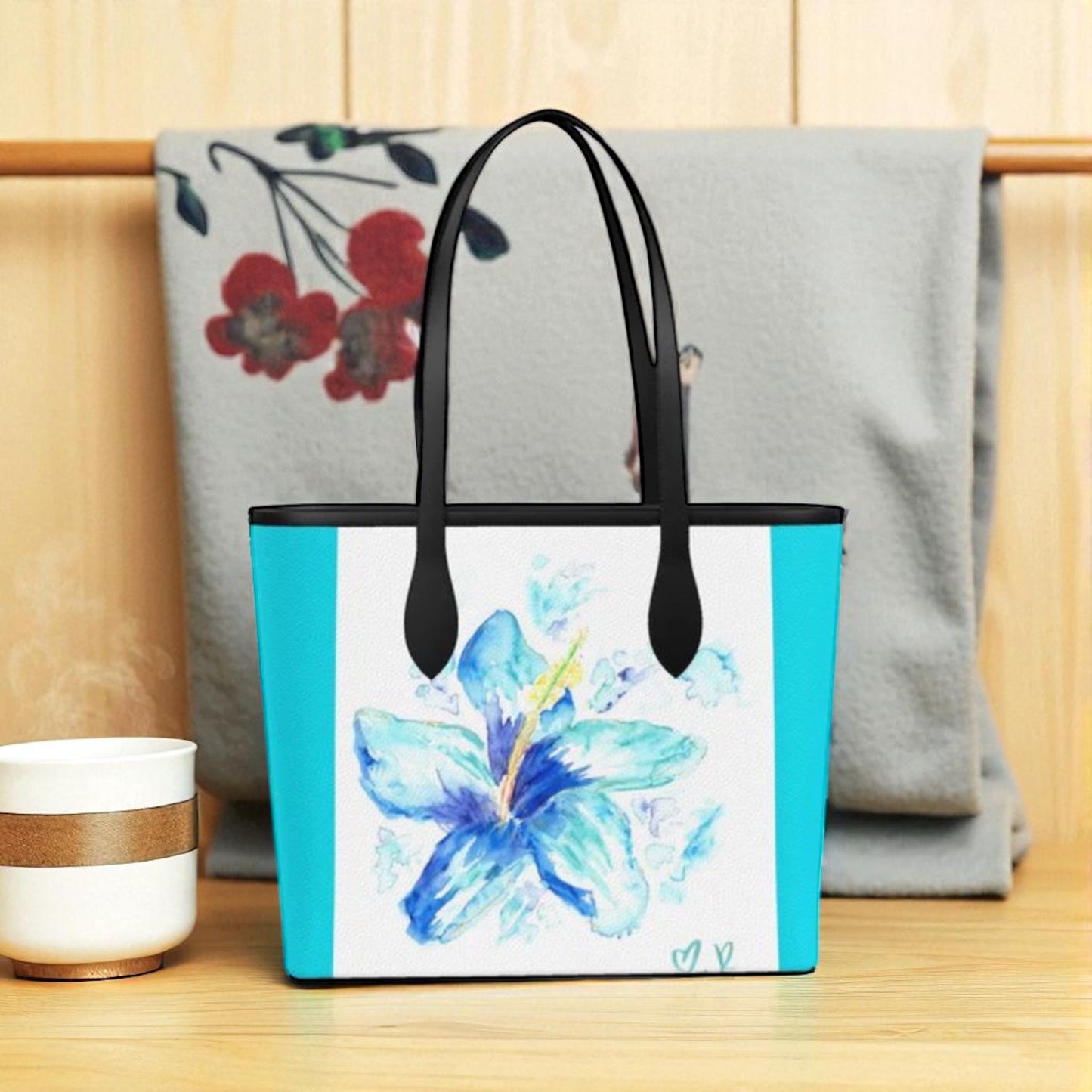 Blue Hibiscus Leather Tote