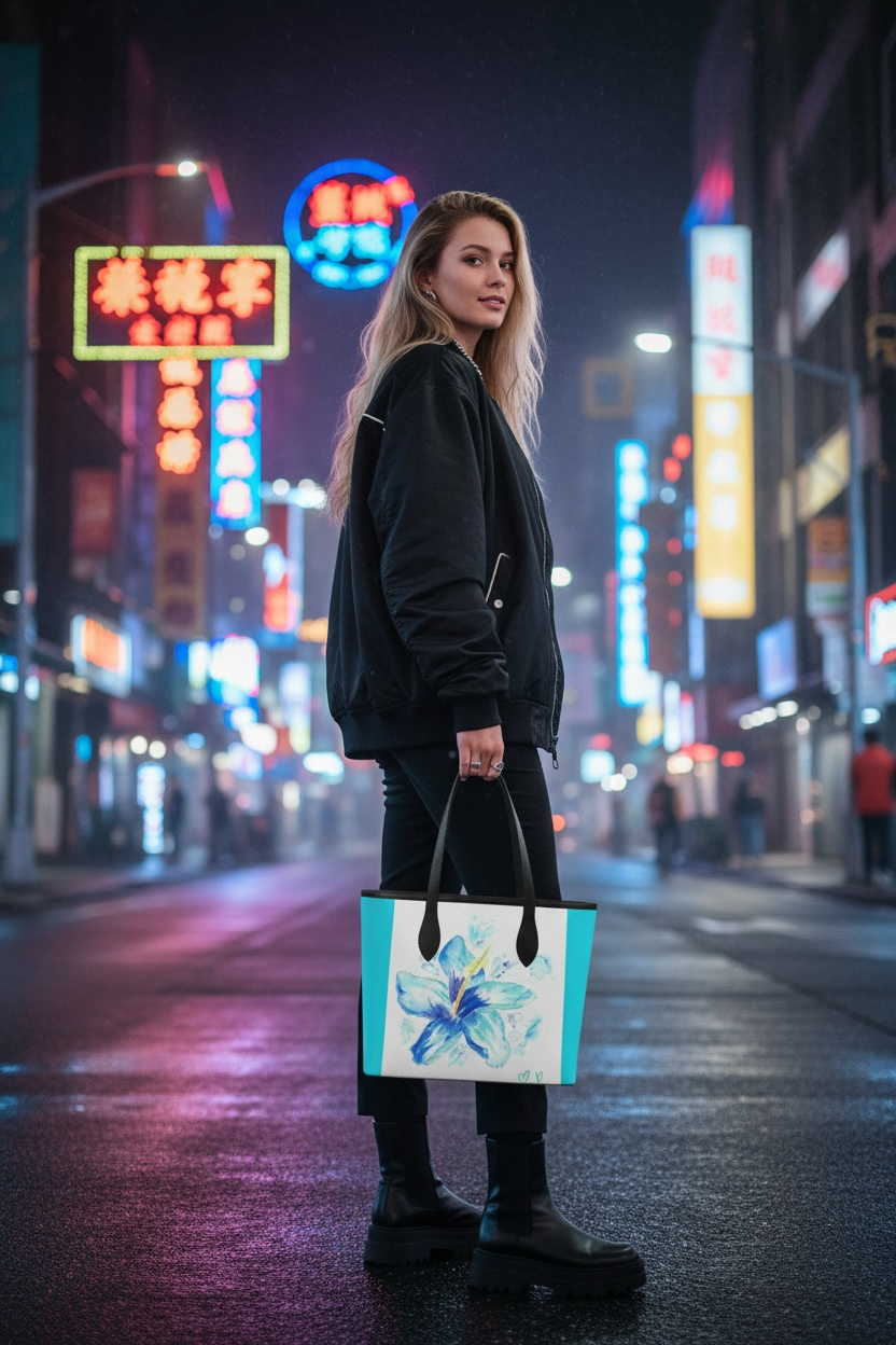Hibiscus in Blue - Leather Tote