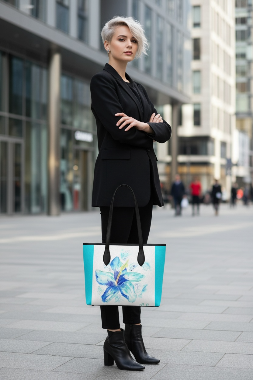 Hibiscus in Blue - Leather Tote