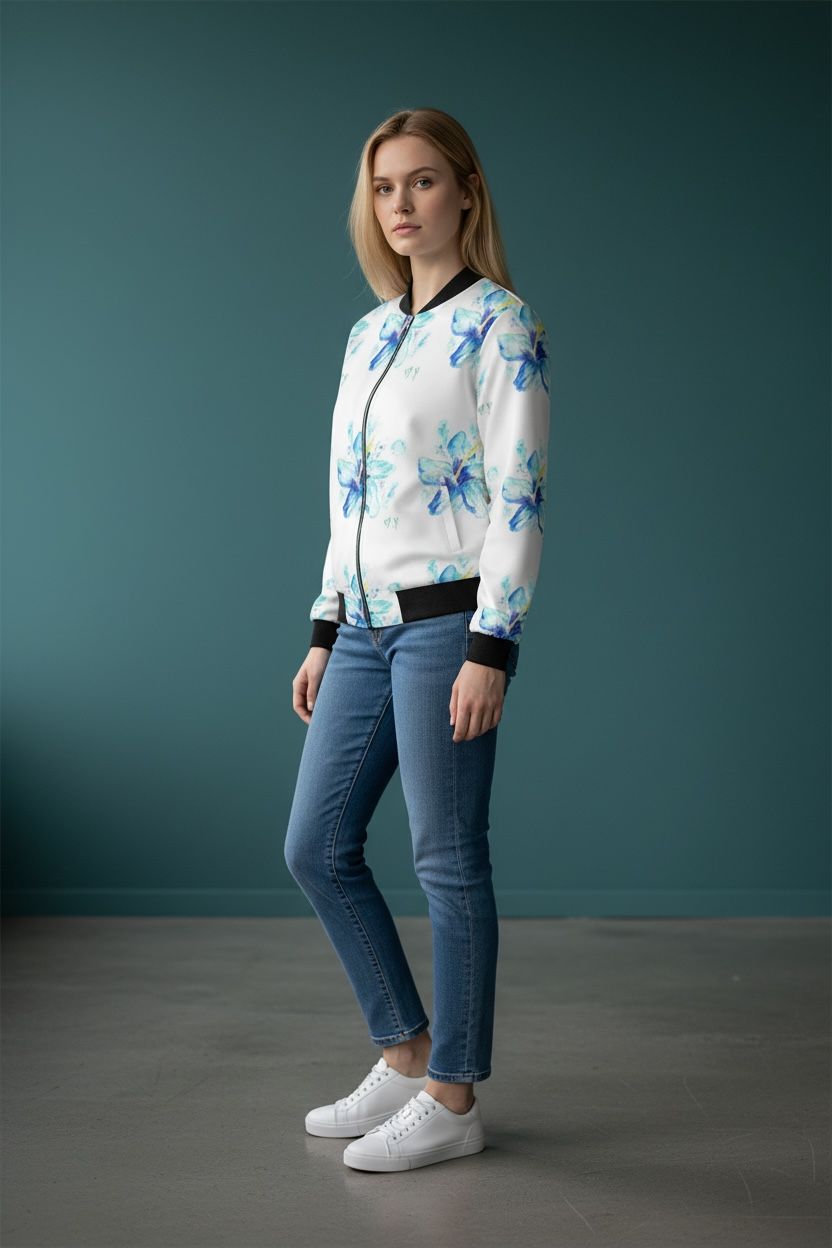 Blue Hibiscus/Pop of Pink Women's Reversible Silk Bomber Jacket