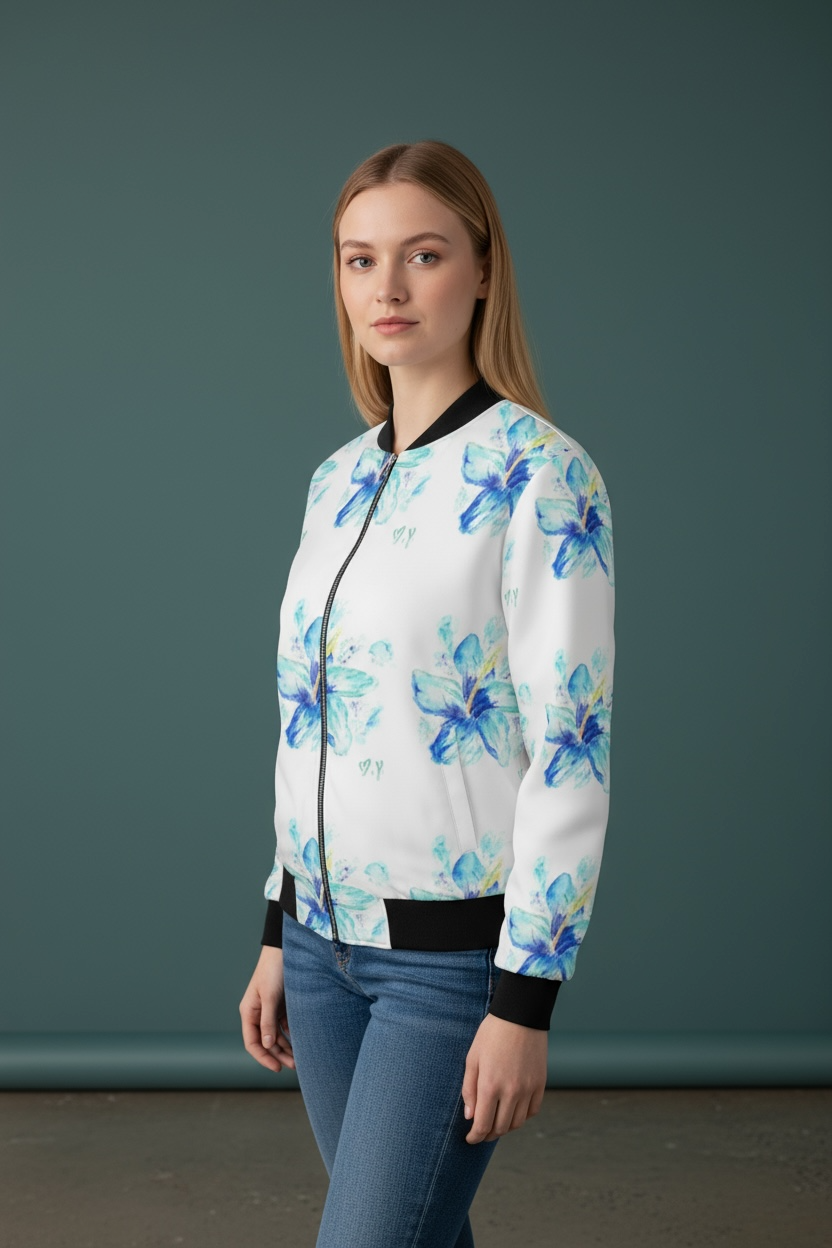 Blue Hibiscus/Pop of Pink Women's Reversible Silk Bomber Jacket