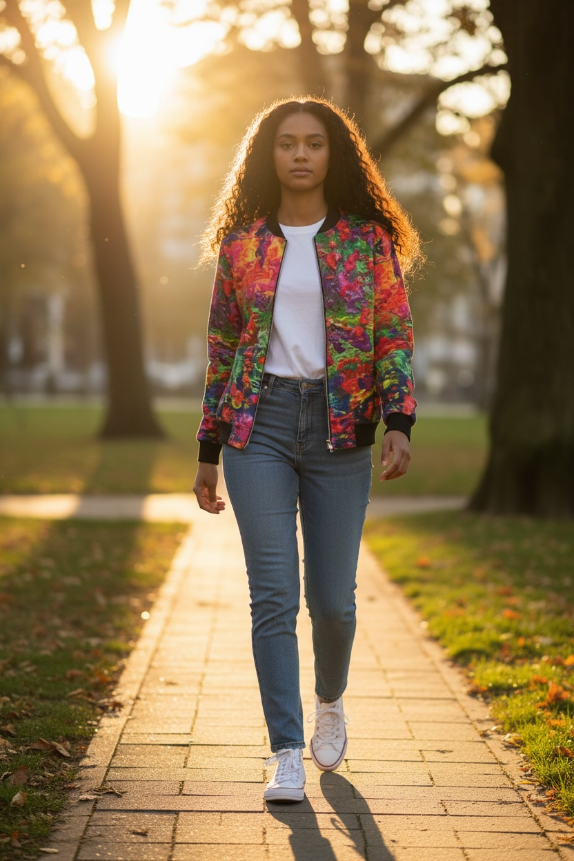 Shades of Fall Reversible Silk Ladies Bomber Jacket