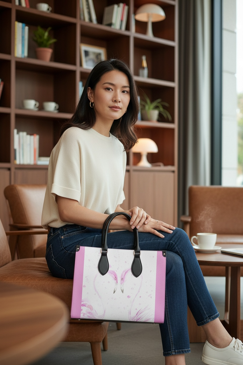 Flamingos in Love Leather Tote