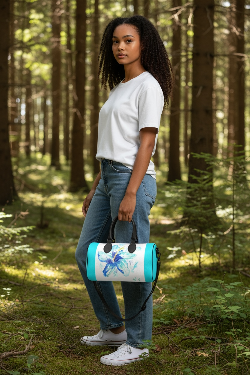 Blue Hibiscus Leather Duffle