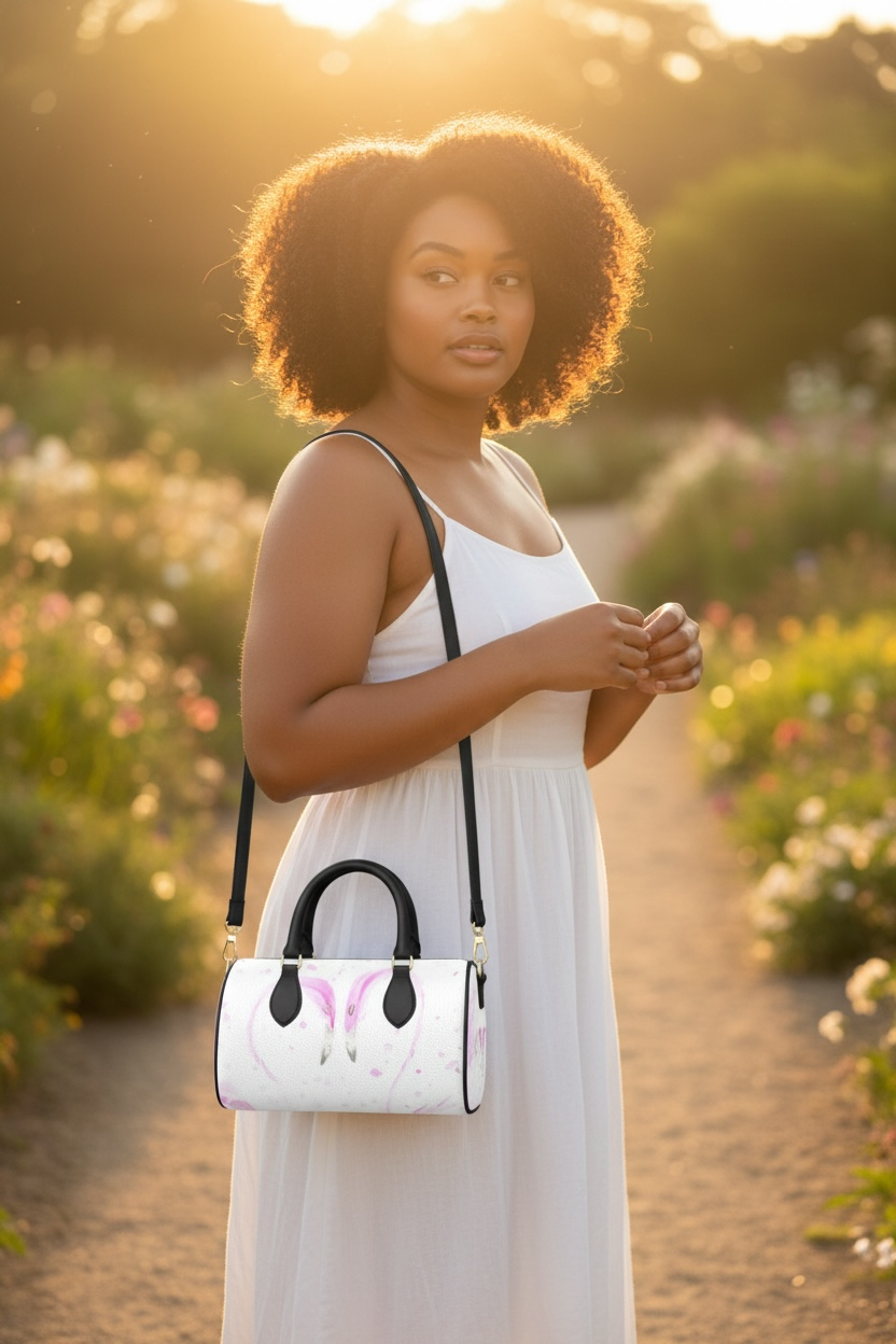Flamingos in Love Leather Barrel Bag