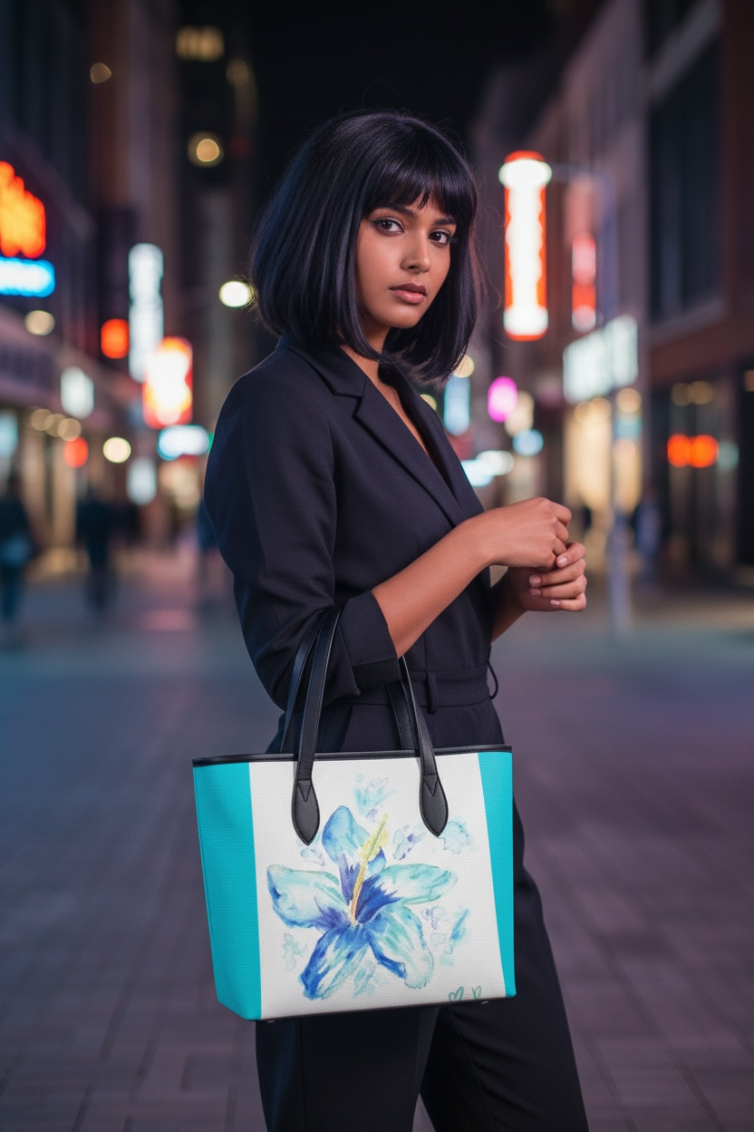 Hibiscus in Blue - Leather Tote