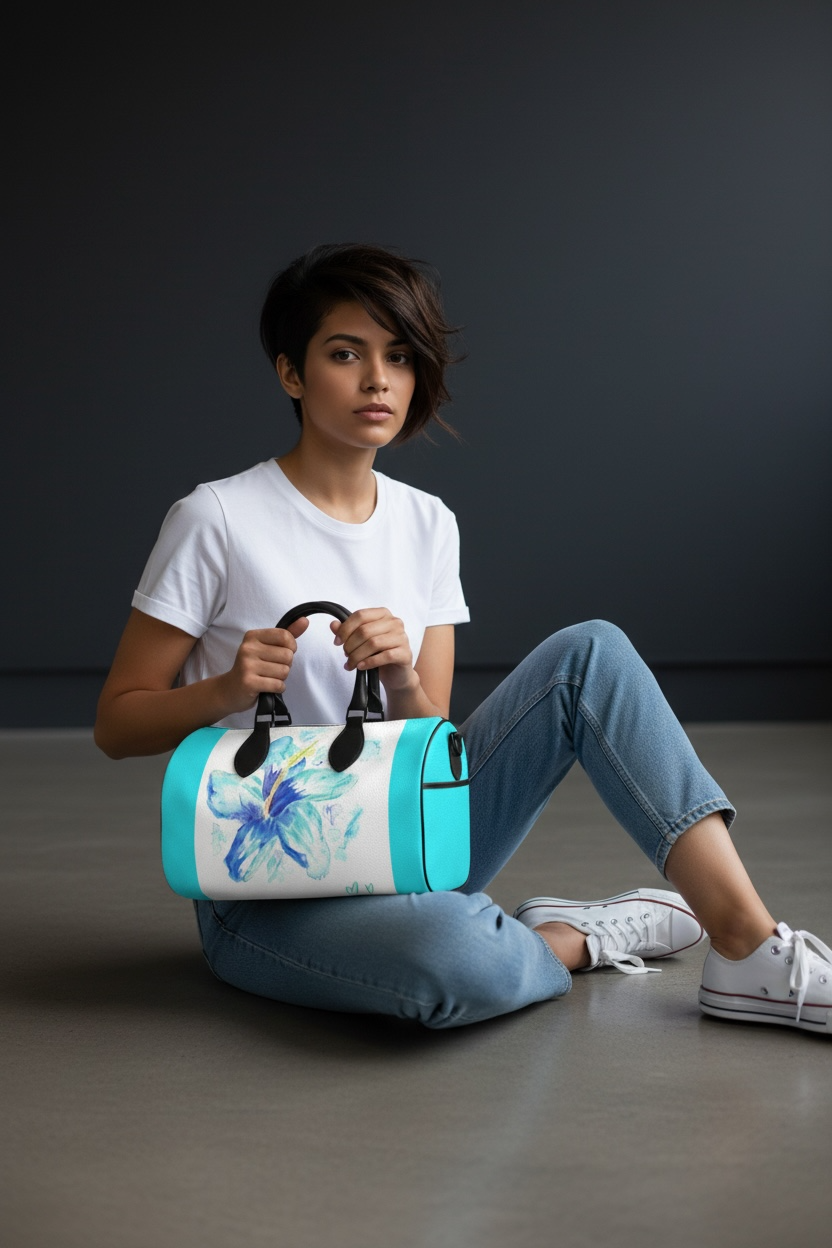 Hibiscus in Blue - Large Leather Duffle Bag