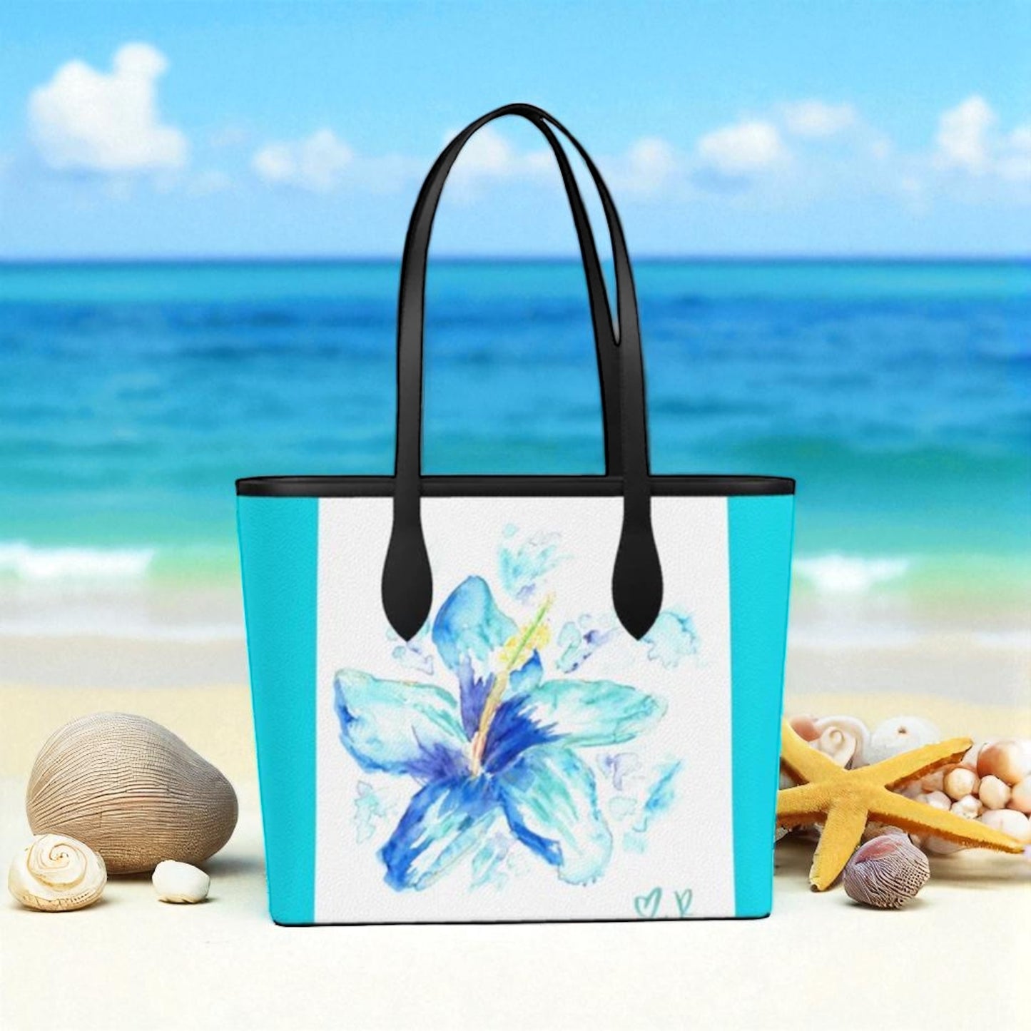 Blue Hibiscus Leather Tote