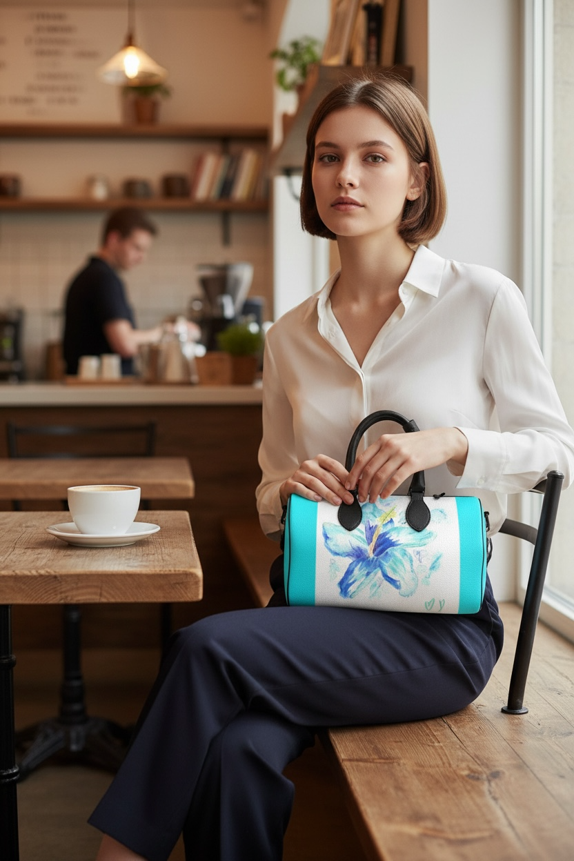 Hibiscus in Blue - Large Leather Duffle Bag