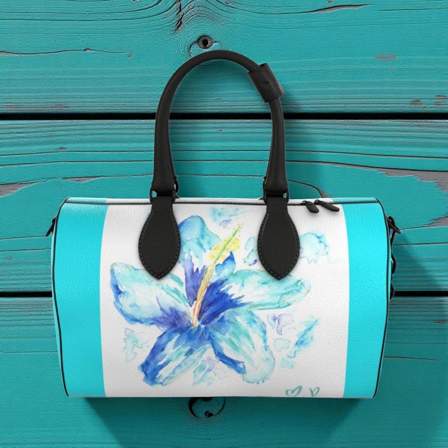 Hibiscus in Blue - Large Leather Duffle Bag